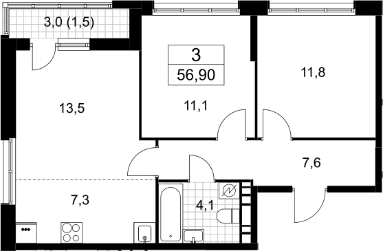 3-комн., 55.4 м², 10/10 этаж, ЖК «Родные кварталы»