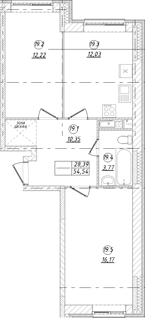 2-комн., 54.54 м², 9/9 этаж, ЖК «Юго-Западный квартал»