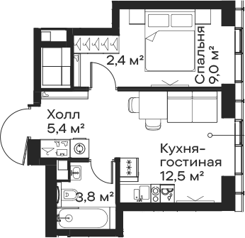 2-комн., 33.1 м², 27/59 этаж, ЖК «Сити Бэй»