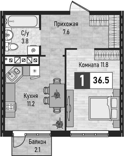 1-комн., 34.4 м², 6/8 этаж, ЖК «Живописный»