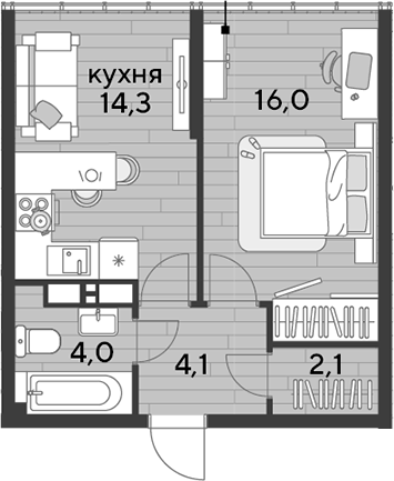 1-комн., 40.5 м², 16/16 этаж, ЖК «DОГМА ПАРК»