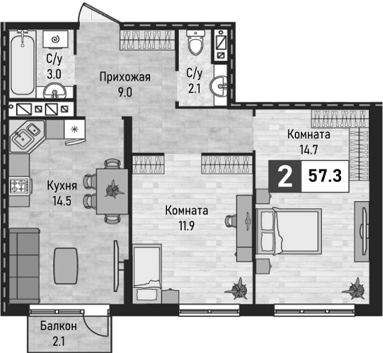 2-комн., 55.2 м², 3/10 этаж, ЖК «Живописный»