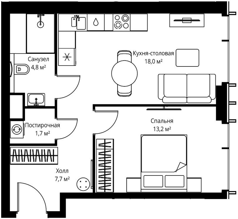2-комн., 45.4 м², 18/59 этаж, ЖК «Веер»