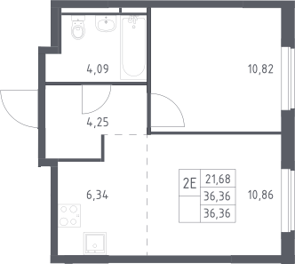 2-комн., 36.36 м², 12/17 этаж, ЖК «Мытищи Парк»