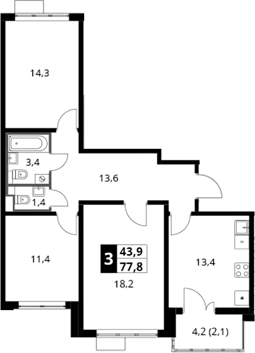 3-комн., 75.7 м², 14/22 этаж, ЖК «Южная Битца»