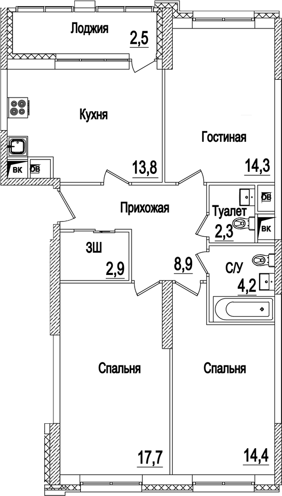 3-комн., 78.5 м², 21/22 этаж, ЖК «Рассказово»