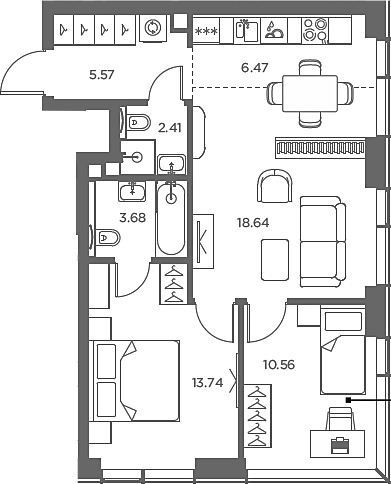3-комн., 61.07 м², 44/49 этаж, ЖК «TATE»
