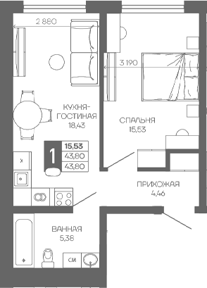 1-комн. квартира, 43.8 м² в ЖК Иначе в Молодежном — фото 2