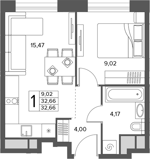 1-комн., 32.66 м², 6/16 этаж, ЖК «Городской бор»