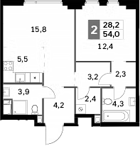 2-комн., 54 м², 10/42 этаж, ЖК «Сидней Сити»