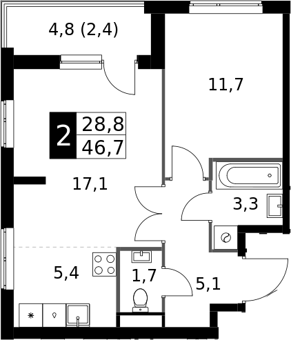 2-комн., 44.3 м², 2/24 этаж, ЖК «1-й Измайловский»