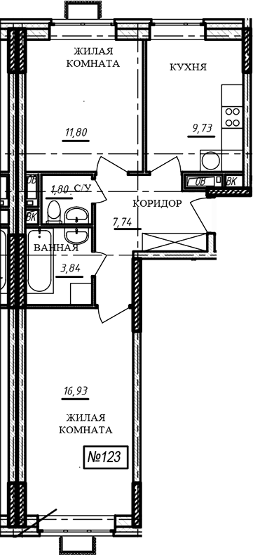 2-комн., 51.8 м², 9/16 этаж, ЖК «Краснофлотский»