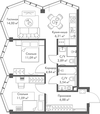 3-комн., 60.54 м², 18/24 этаж, ЖК «МИРА»