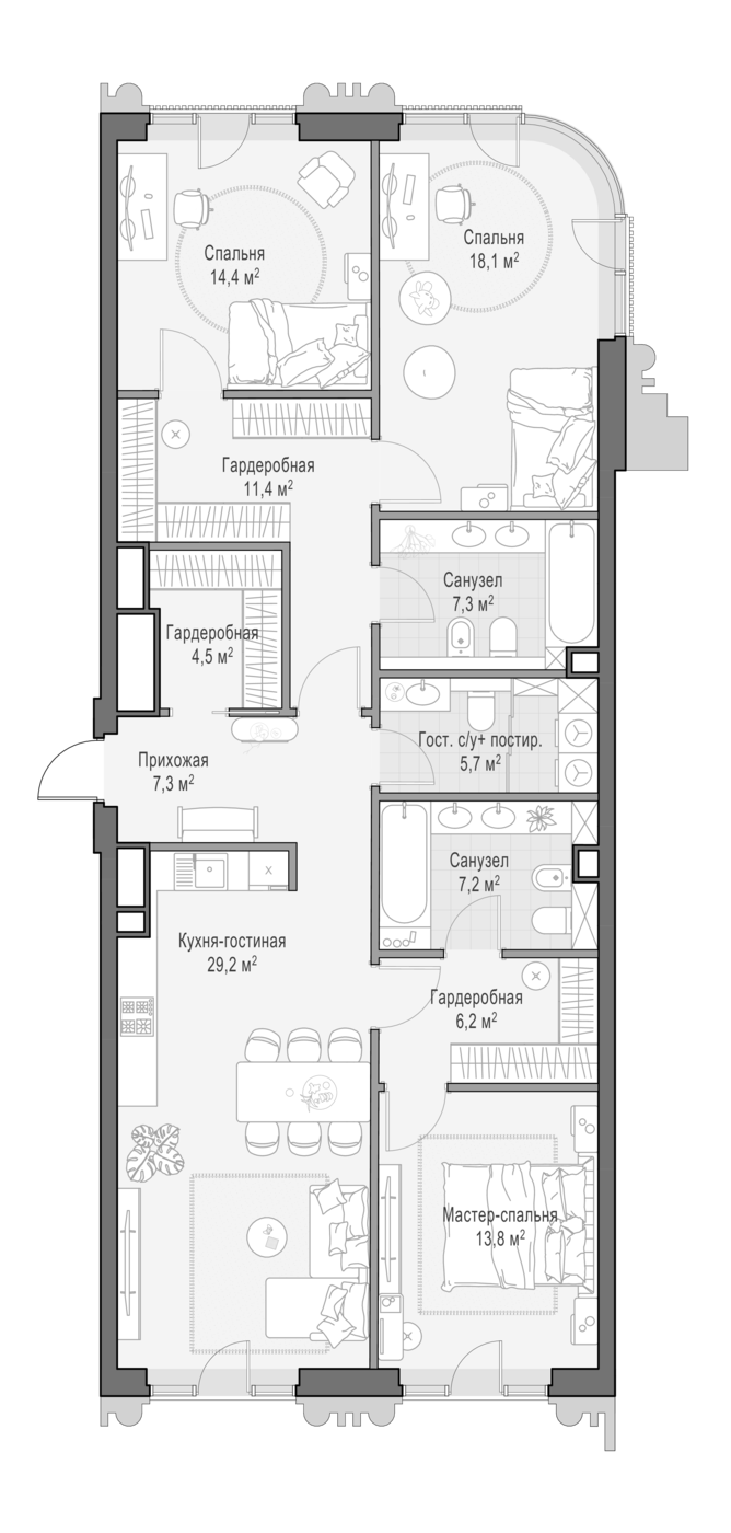 4+ комнаты, 124.2 м², 8/14 этаж, ЖК «Квартал Тишинский бульвар»