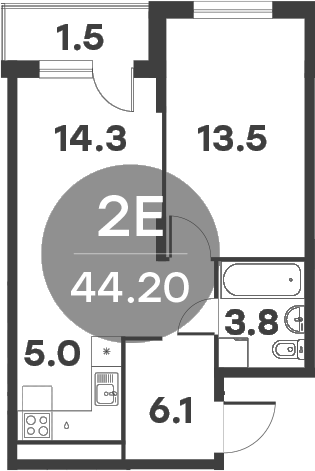 2-комн., 42.7 м², 6/6 этаж, ЖК «Равновесие»