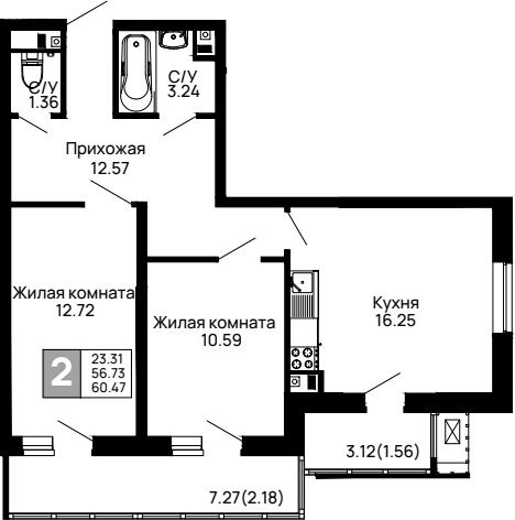 2-комн. квартира, 56.73 м² в ЖК Долина — фото 2
