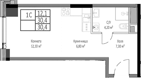Студия, 30.4 м², 28/35 этаж, ЖК «Мираполис»