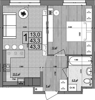 2-комн., 43.3 м², 2/18 этаж, ЖК «Гранд Комфорт»