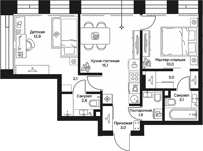 3-комн., 53.7 м², 10/15 этаж, ЖК «Дом 7 Даниловский»