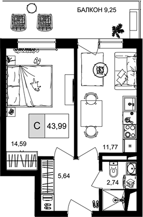 2-комн. квартира, 34.74 м² в ЖК IT гостиничный комплекс Корсаков — фото 2
