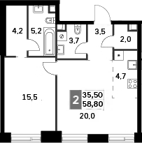 2-комн., 58.8 м², 45/58 этаж, ЖК «Амбер Сити»