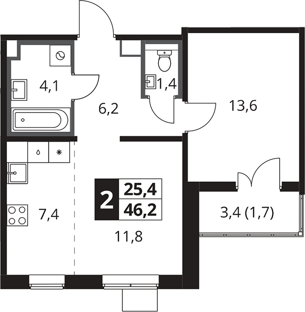 2-комн., 44.5 м², 12/23 этаж, ЖК «1-й Южный»