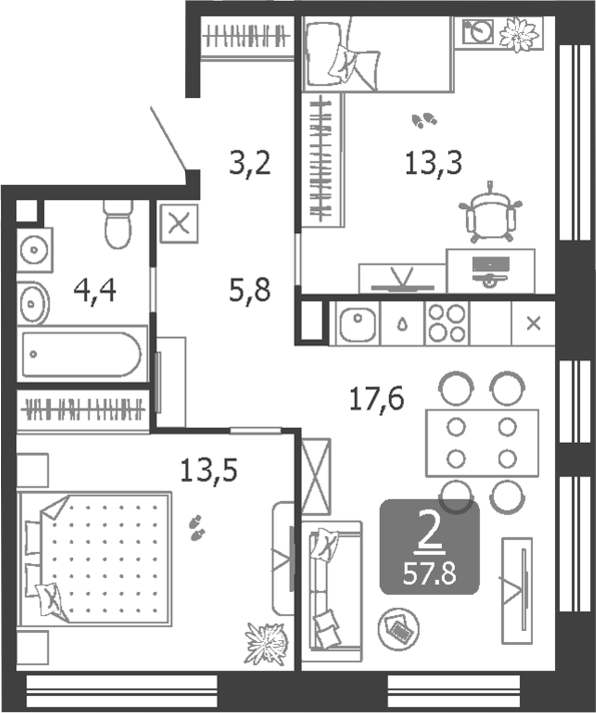 3-комн., 57.8 м², 19/19 этаж, ЖК «Шагал»
