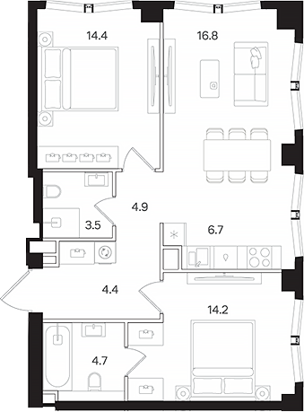 3-комн., 69.6 м², 39/42 этаж, ЖК «АУРА»