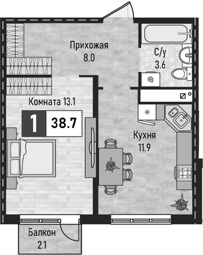 1-комн., 36.6 м², 2/8 этаж, ЖК «Живописный»