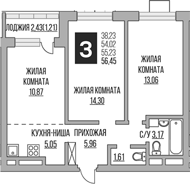 3-комн., 54.02 м², 3/22 этаж, ЖК «Гранель Ильинойс»
