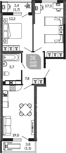 3-комн. квартира, 62 м² в ЖК Облака — фото 2