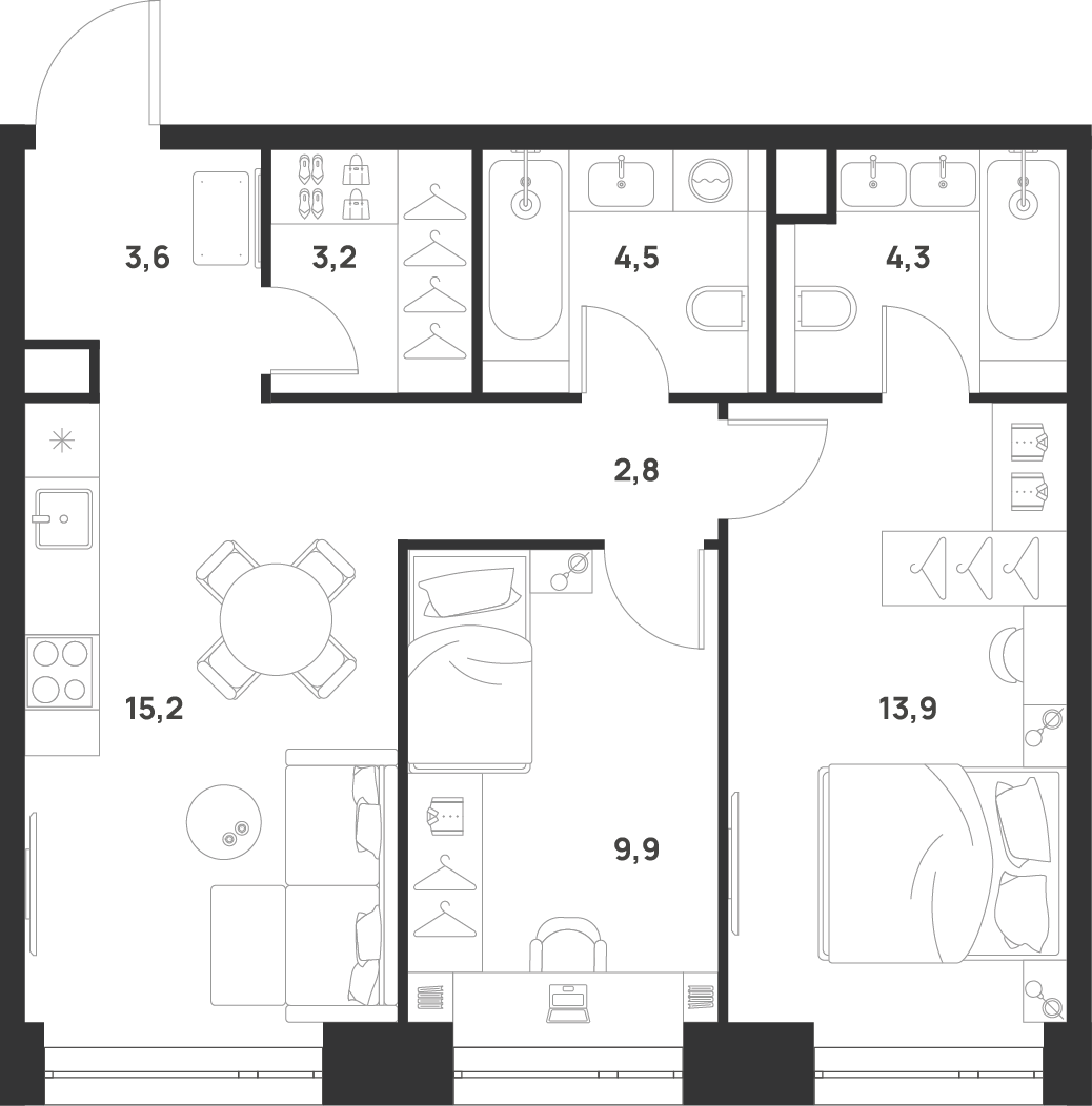 2-комн., 57.4 м², 9/33 этаж, ЖК «ВОЙС»