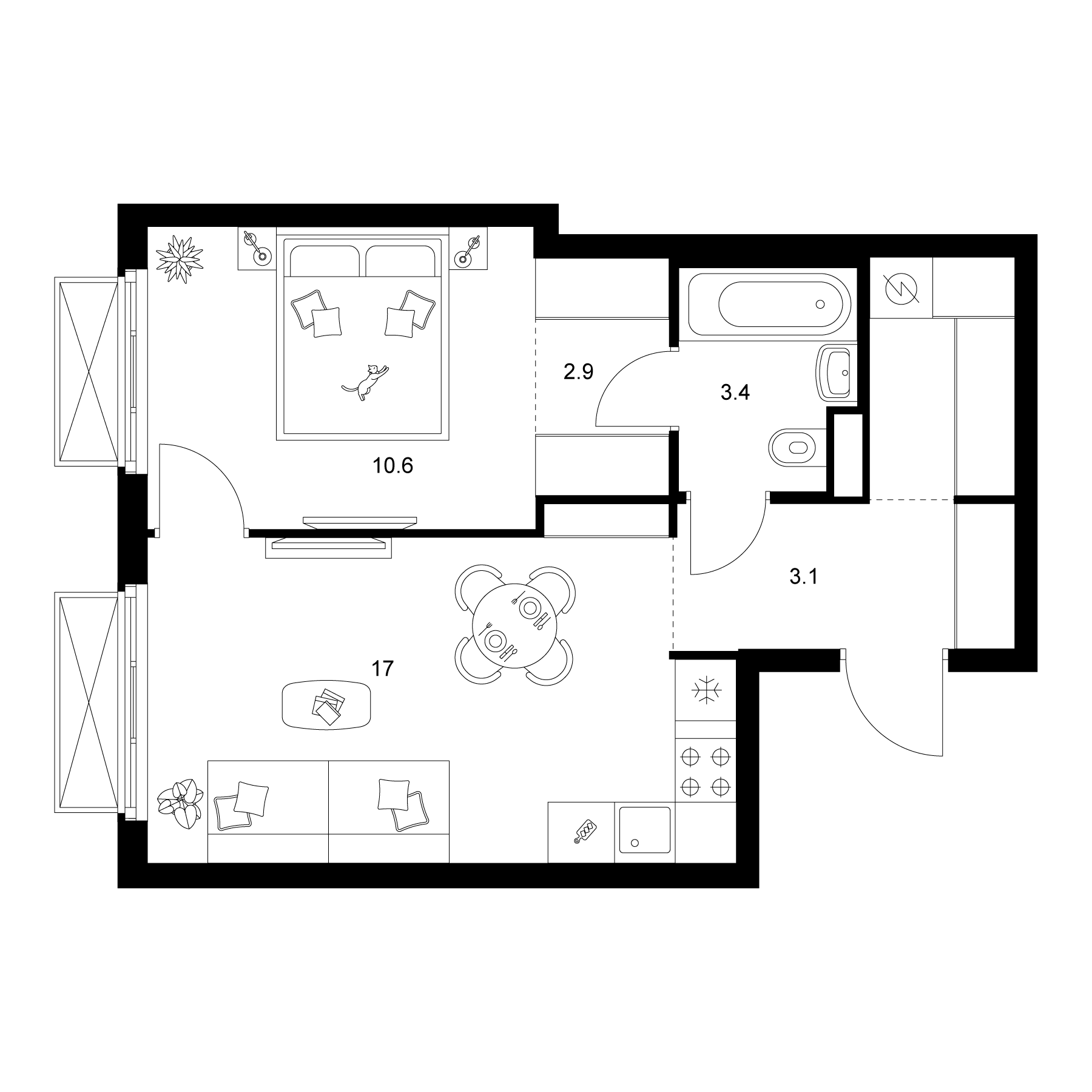 1-комн., 41.5 м², 17/20 этаж, ЖК «2-й Иртышский»