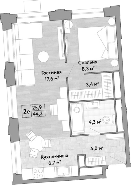 2-комн., 44.3 м², 27/27 этаж, ЖК «Новые Смыслы»