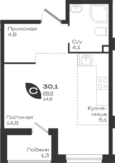 Студия квартира, 28.8 м² в ЖК Ботаника — фото 2