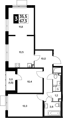 3-комн., 66.8 м², 14/20 этаж, ЖК «Южная Битца»