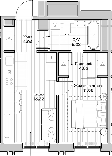 1-комн., 40.6 м², 21/30 этаж, ЖК «ИНДИВО»