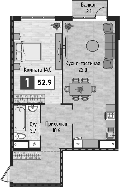2-комн., 50.8 м², 2/10 этаж, ЖК «Живописный»