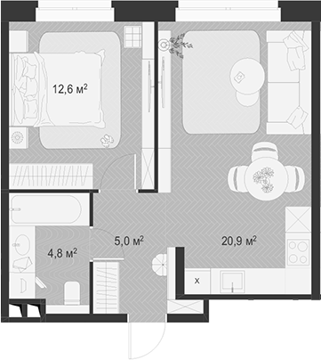 2-комн., 43.3 м², 2/18 этаж, ЖК «Гранд Комфорт»
