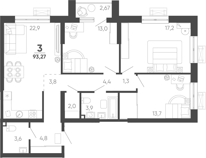 3-комн. квартира, 92.47 м² в ЖК Барса — фото 2