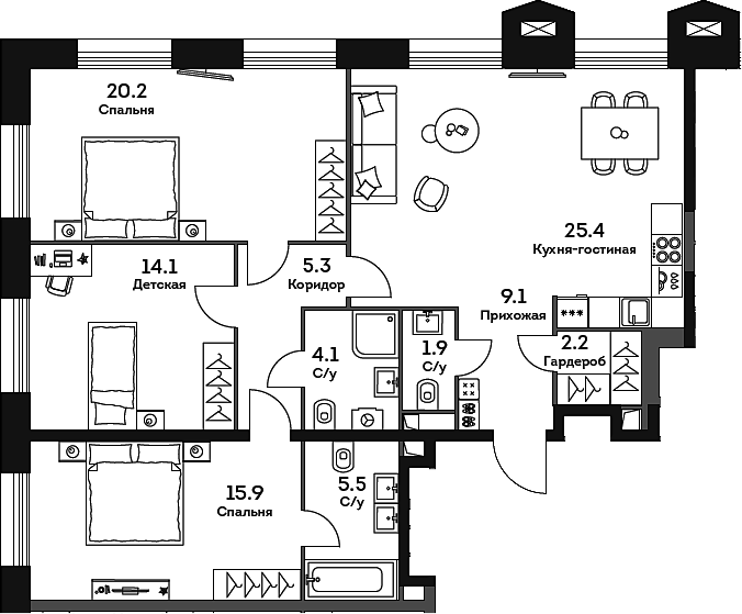 4+ комнаты, 103.7 м², 29/32 этаж, ЖК «ЭРА»