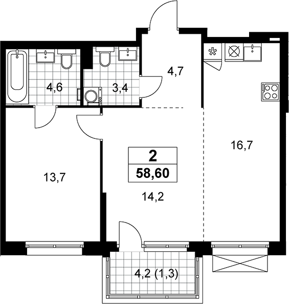 2-комн., 57.3 м², 12/21 этаж, ЖК «Дзен-кварталы»