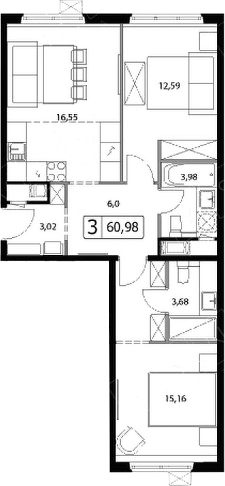 3-комн., 60.98 м², 12/17 этаж, ЖК «У реки.Эко Видное 2.0»