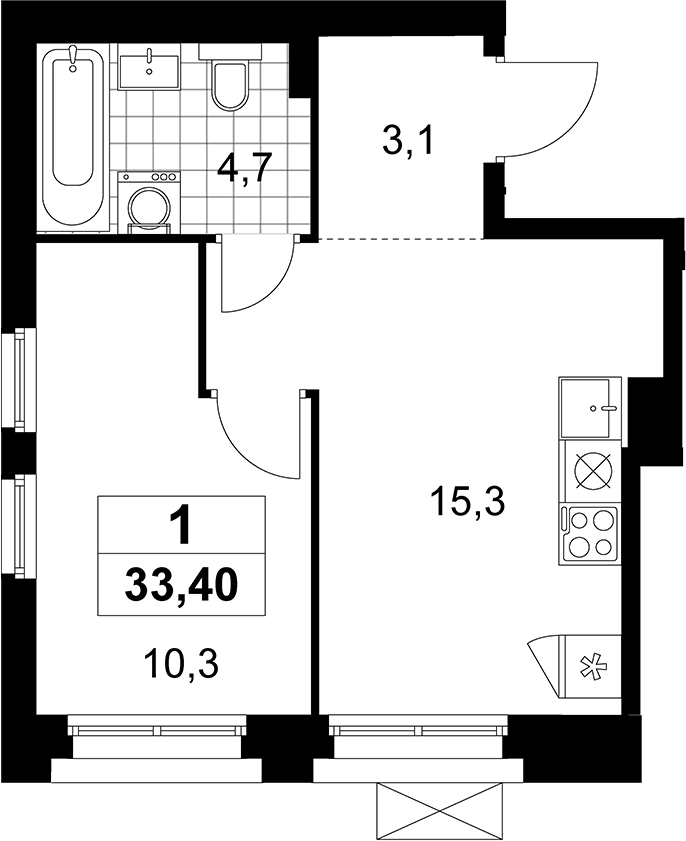 2-комн., 33.4 м², 8/10 этаж, ЖК «Прокшино»