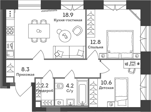 3-комн., 57 м², 7/52 этаж, ЖК «ЭРА»