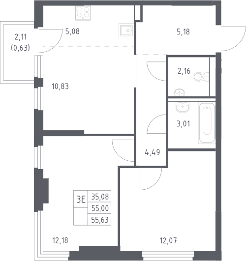 3-комн., 55 м², 16/17 этаж, ЖК «Пригород Лесное»