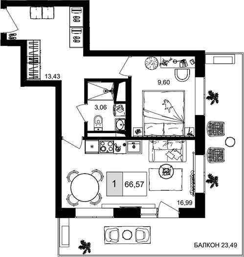 2-комн. квартира, 43.08 м² в ЖК IT гостиничный комплекс Корсаков — фото 2