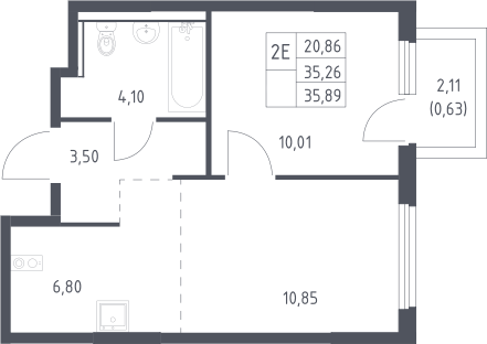 2-комн., 35.26 м², 14/17 этаж, ЖК «Пригород Лесное»