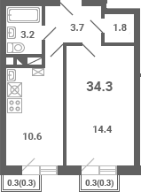 1-комн., 33.7 м², 3/4 этаж, ЖК «Южная Долина»