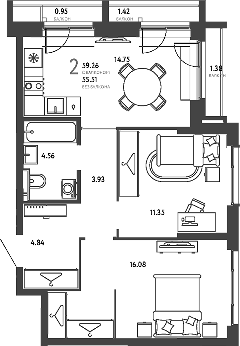 2-комн., 55.51 м², 7/25 этаж, ЖК «Страна.Парковая»